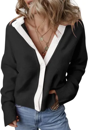 EVALESS Womens Cardigan Sweaters 2024 Winter Colorblock Button Down Open Front Sweater Short Cardigans Outwear Coats