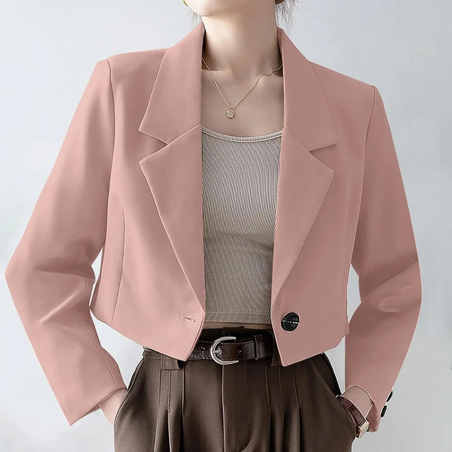 Fall Blazers for Women Business Open Front with Button Cardigans Jacket Casual Solid Lapel Cropped Blazer Coat