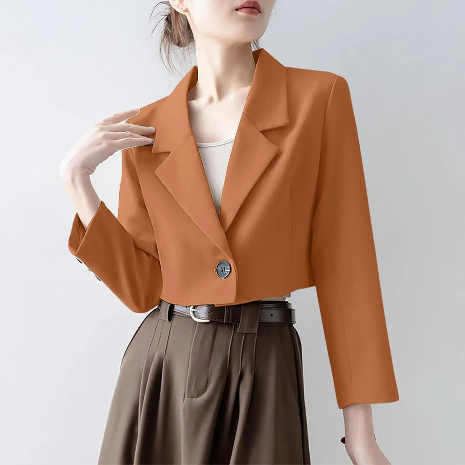 Fall Blazers for Women Business Open Front with Button Cardigans Jacket Casual Solid Lapel Cropped Blazer Coat