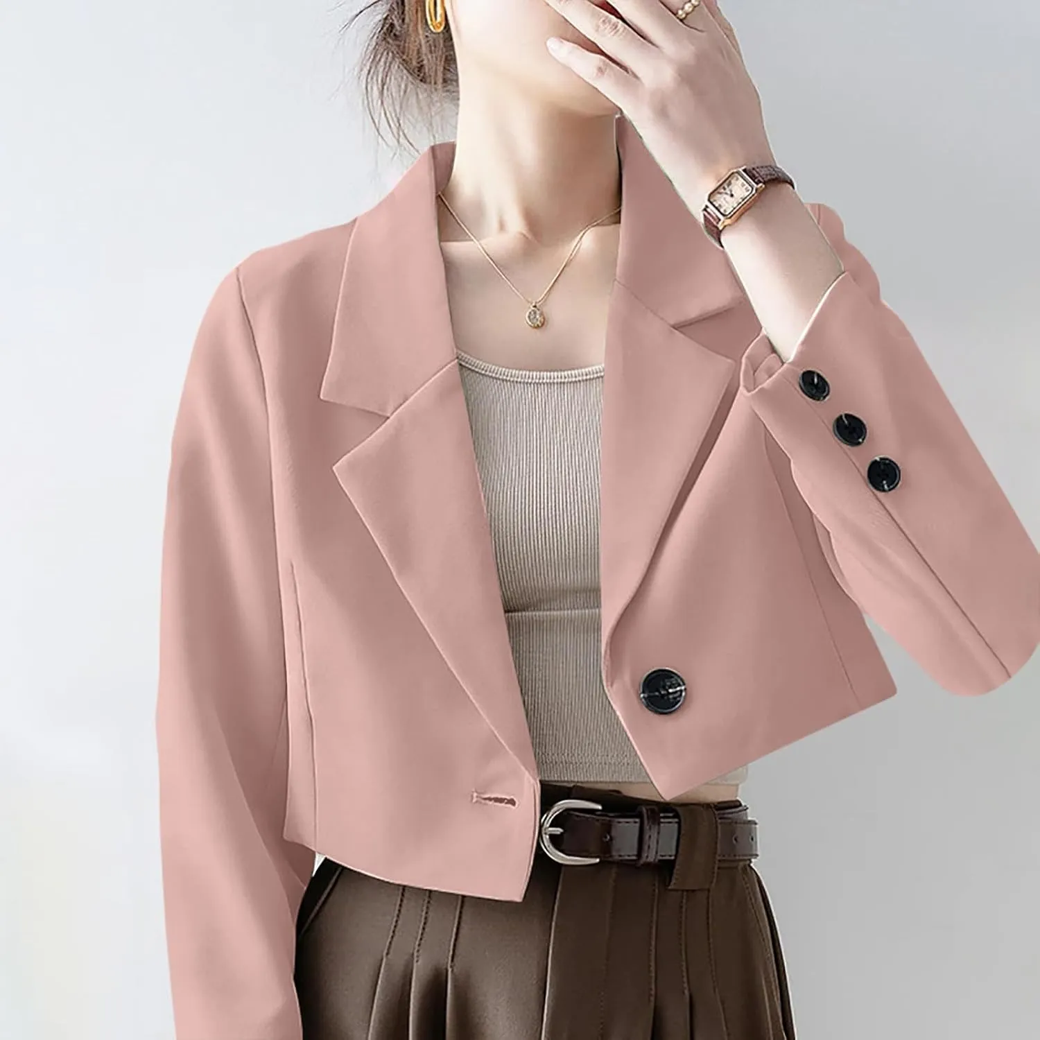 Fall Blazers for Women Business Open Front with Button Cardigans Jacket Casual Solid Lapel Cropped Blazer Coat