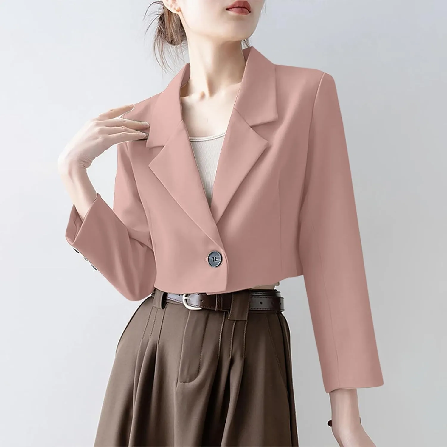 Fall Blazers for Women Business Open Front with Button Cardigans Jacket Casual Solid Lapel Cropped Blazer Coat