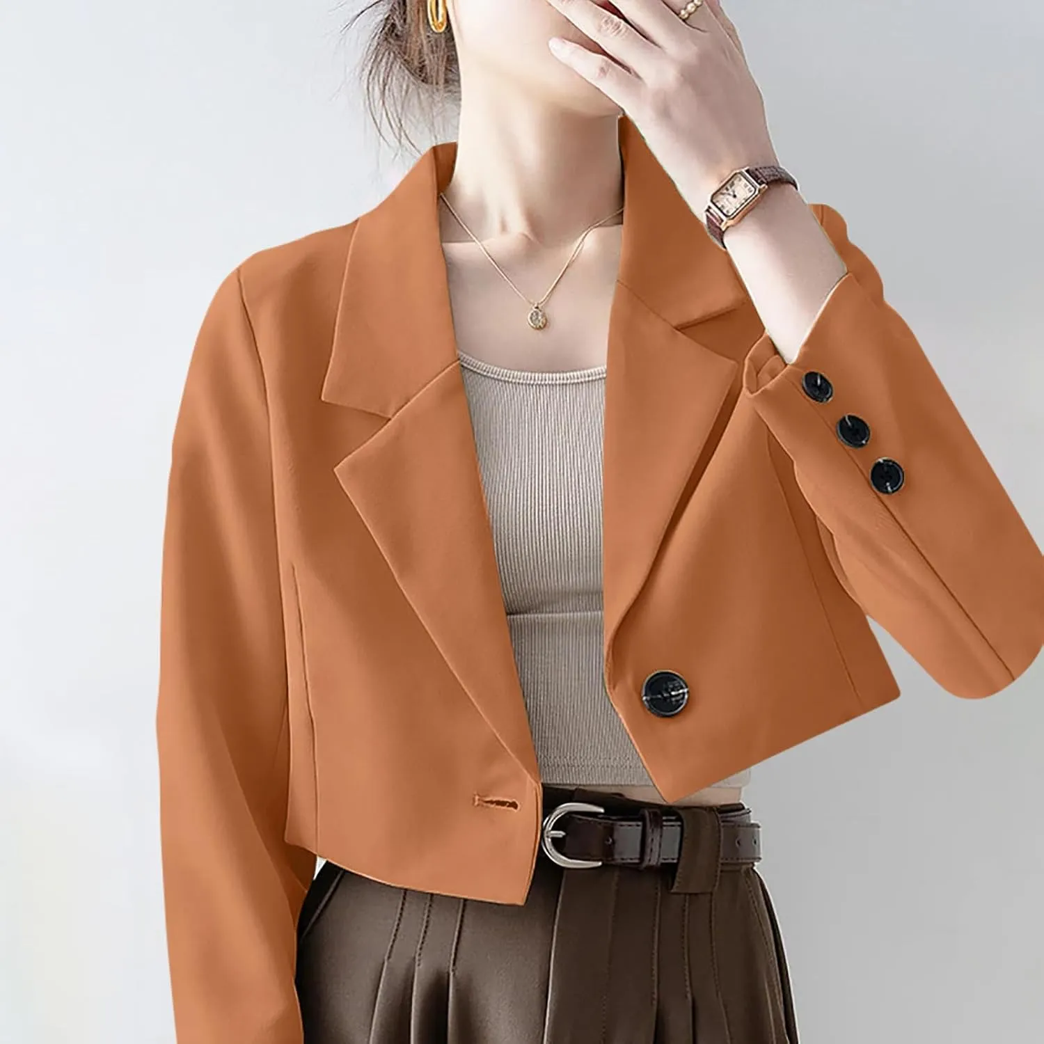 Fall Blazers for Women Business Open Front with Button Cardigans Jacket Casual Solid Lapel Cropped Blazer Coat