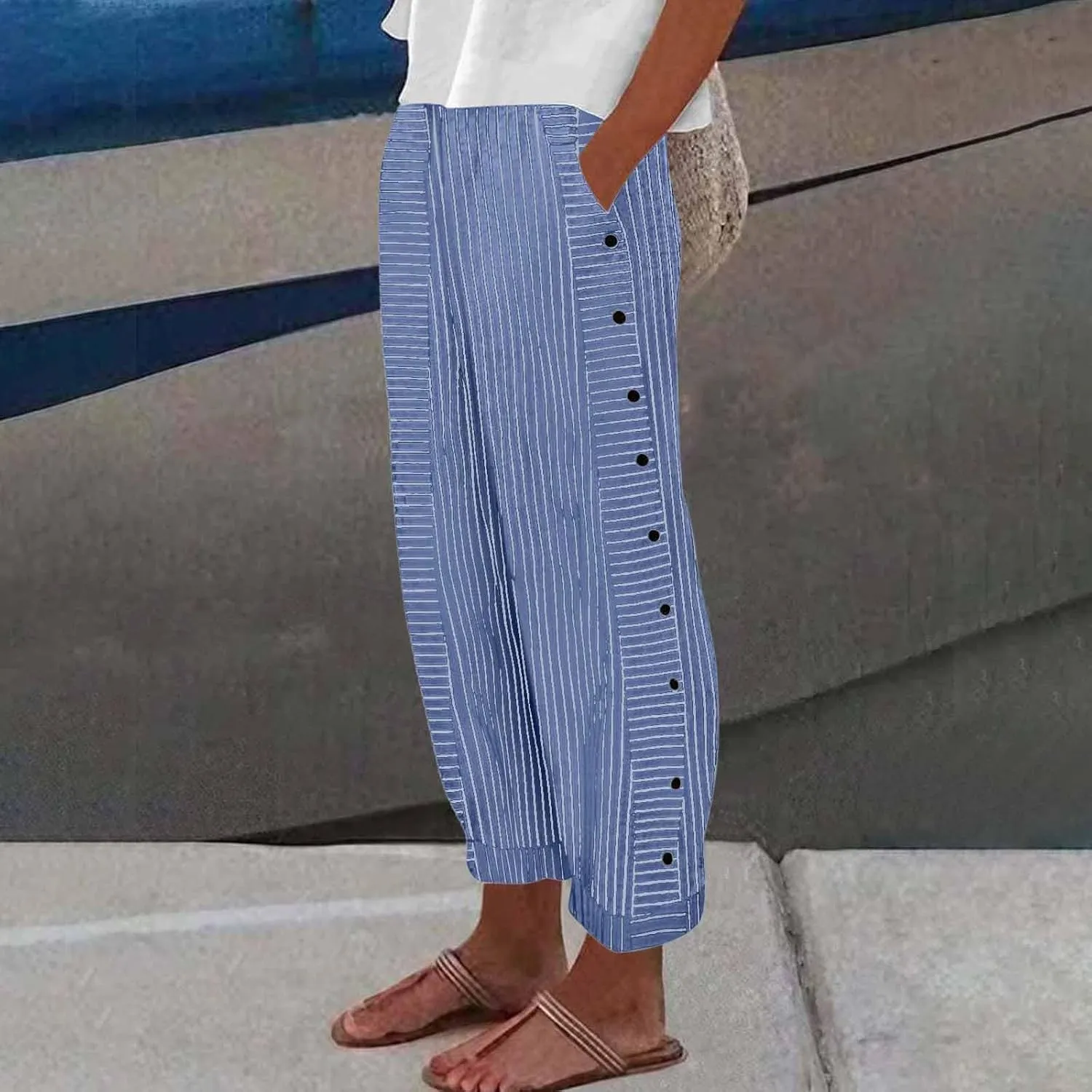 fanmpghleoo Striped Linen Pants Women Summer Elastic High Waisted Wide Leg Pinstripe Pants Casual Plus Size Beach Gauze Pants