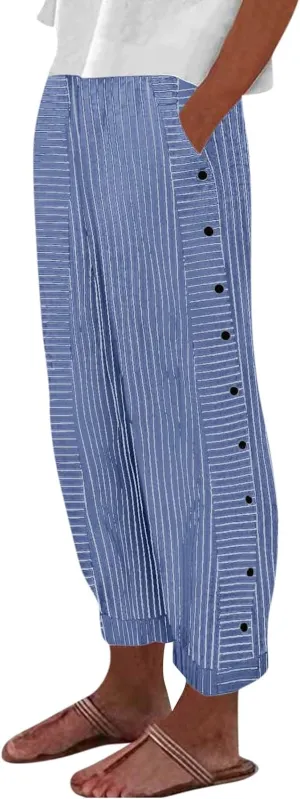 fanmpghleoo Striped Linen Pants Women Summer Elastic High Waisted Wide Leg Pinstripe Pants Casual Plus Size Beach Gauze Pants