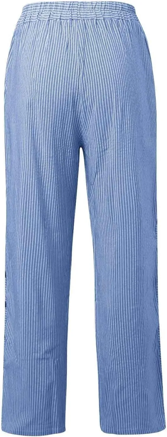 fanmpghleoo Striped Linen Pants Women Summer Elastic High Waisted Wide Leg Pinstripe Pants Casual Plus Size Beach Gauze Pants