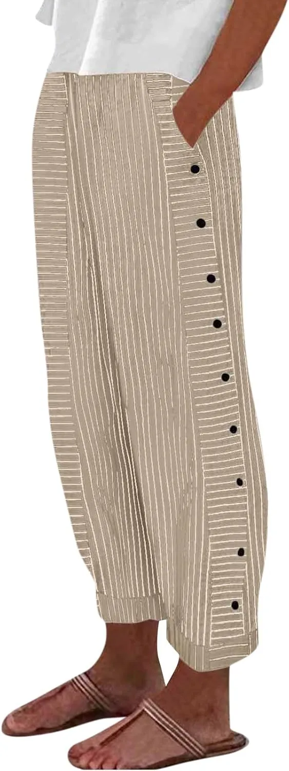 fanmpghleoo Striped Pants Women Elastic High Waisted Wide Leg Pants Woman Cropped Pinstripe Pants Baggy Straight Leg Trousers