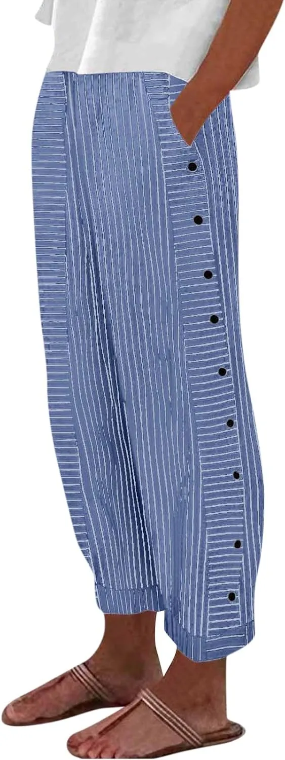 fanmpghleoo Striped Pants Women Elastic High Waisted Wide Leg Pants Woman Cropped Pinstripe Pants Baggy Straight Leg Trousers