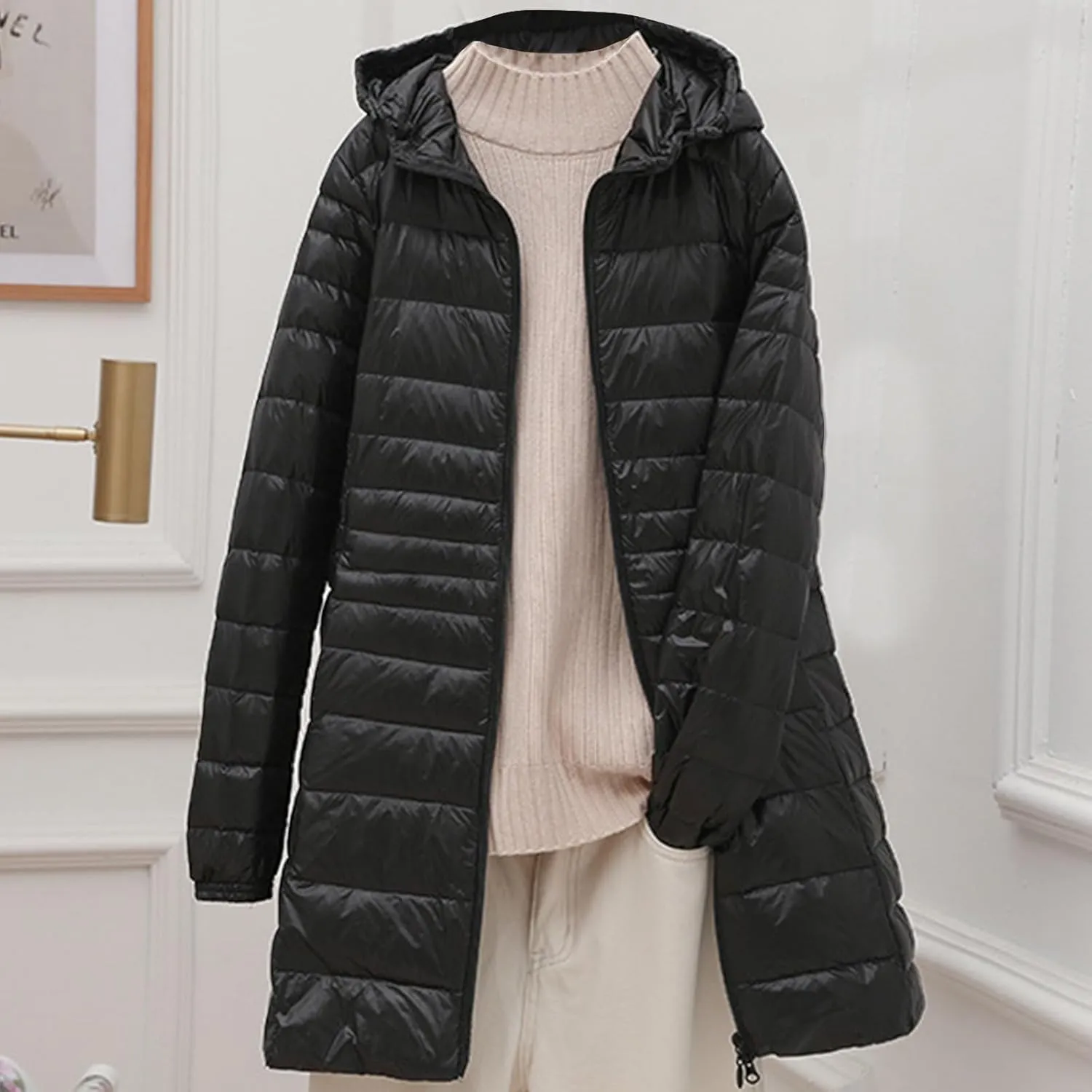 Firzero Puffer Jacket Womens Plus Size Long Down Jacket Winter Lightweight Hooded Slim Jackets Female Portable Outwear