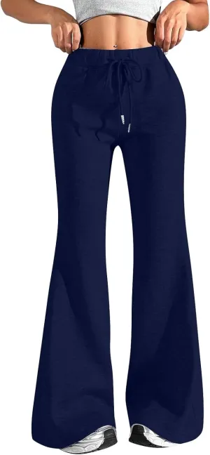 Fleece Lined Sweatpants Women Y2k Flare Wide Leg Yoga Pants with Pockets Loose Fit Elastic High Waisted Track Pants