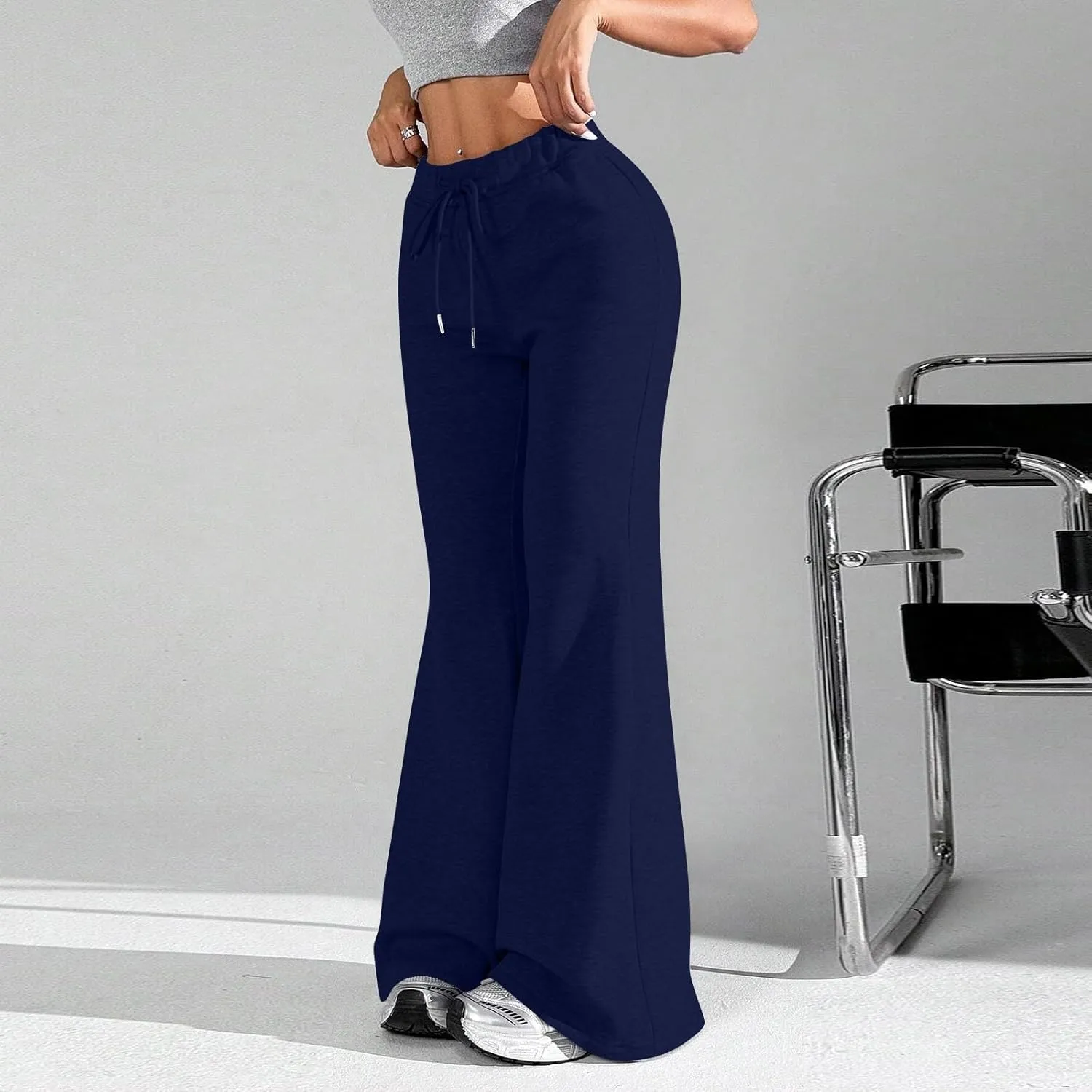 Fleece Lined Sweatpants Women Y2k Flare Wide Leg Yoga Pants with Pockets Loose Fit Elastic High Waisted Track Pants
