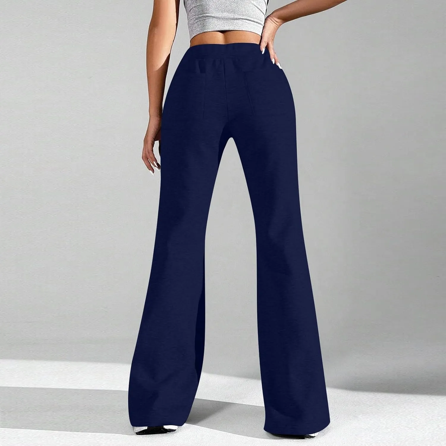 Fleece Lined Sweatpants Women Y2k Flare Wide Leg Yoga Pants with Pockets Loose Fit Elastic High Waisted Track Pants