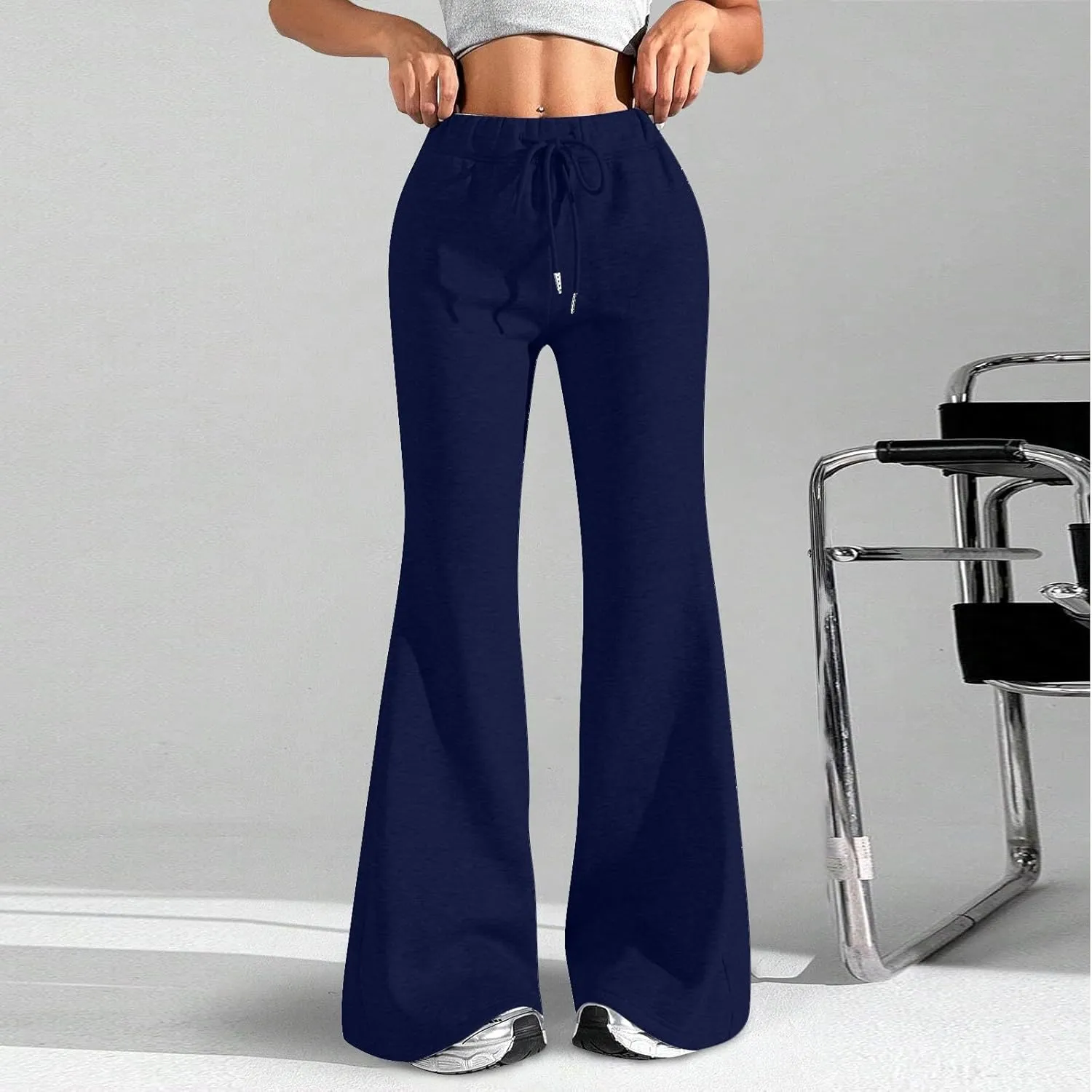Fleece Lined Sweatpants Women Y2k Flare Wide Leg Yoga Pants with Pockets Loose Fit Elastic High Waisted Track Pants