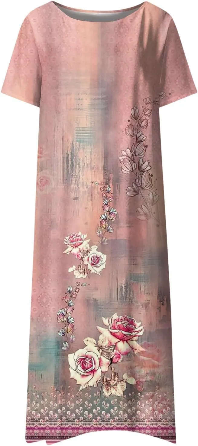 FlekmanArt Women's 2025 Summer Maxi Dress, Pocket Printed, Pleated Round Neck, Short Sleeve, Casual, Long Dress