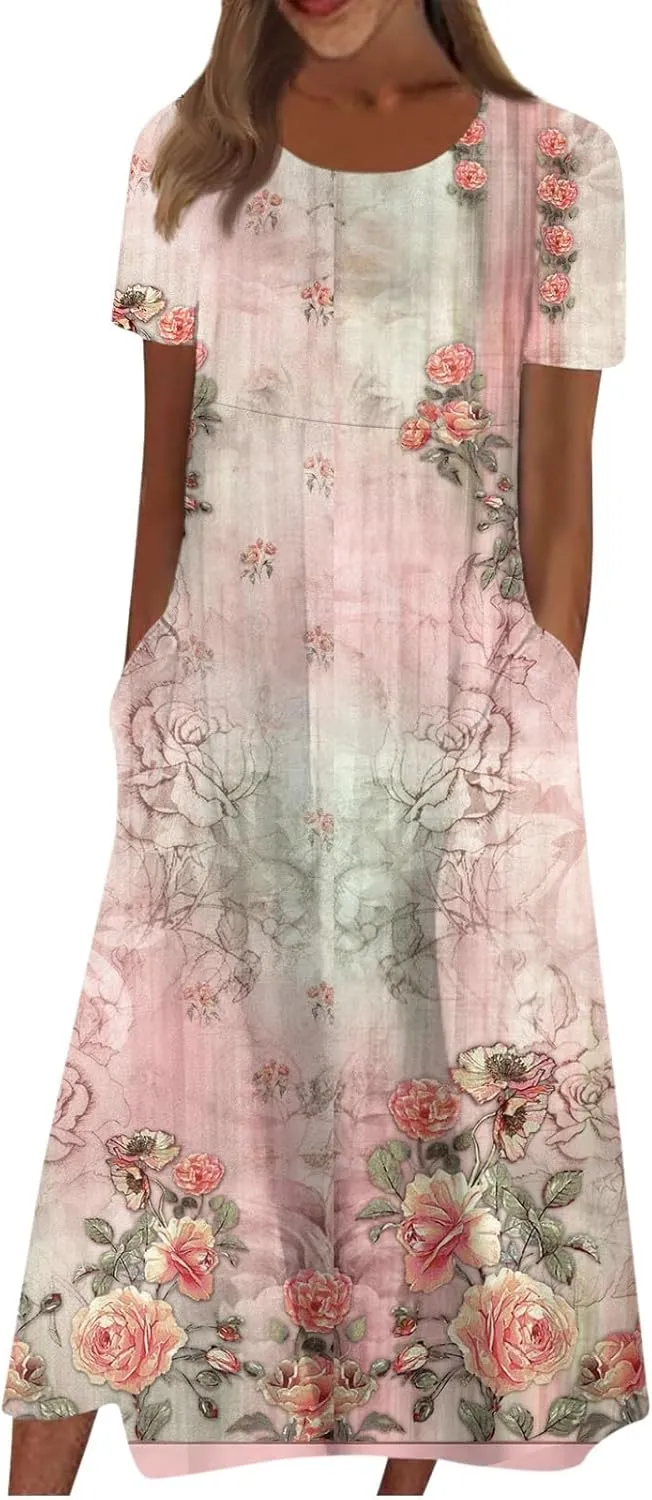 FlekmanArt Women's 2025 Summer Maxi Dress, Pocket Printed, Pleated Round Neck, Short Sleeve, Casual, Long Dress