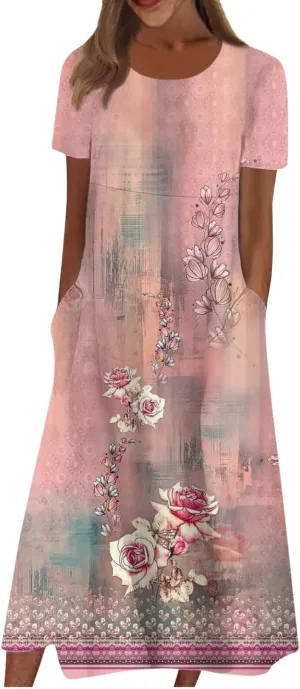 FlekmanArt Women's 2025 Summer Maxi Dress, Pocket Printed, Pleated Round Neck, Short Sleeve, Casual, Long Dress