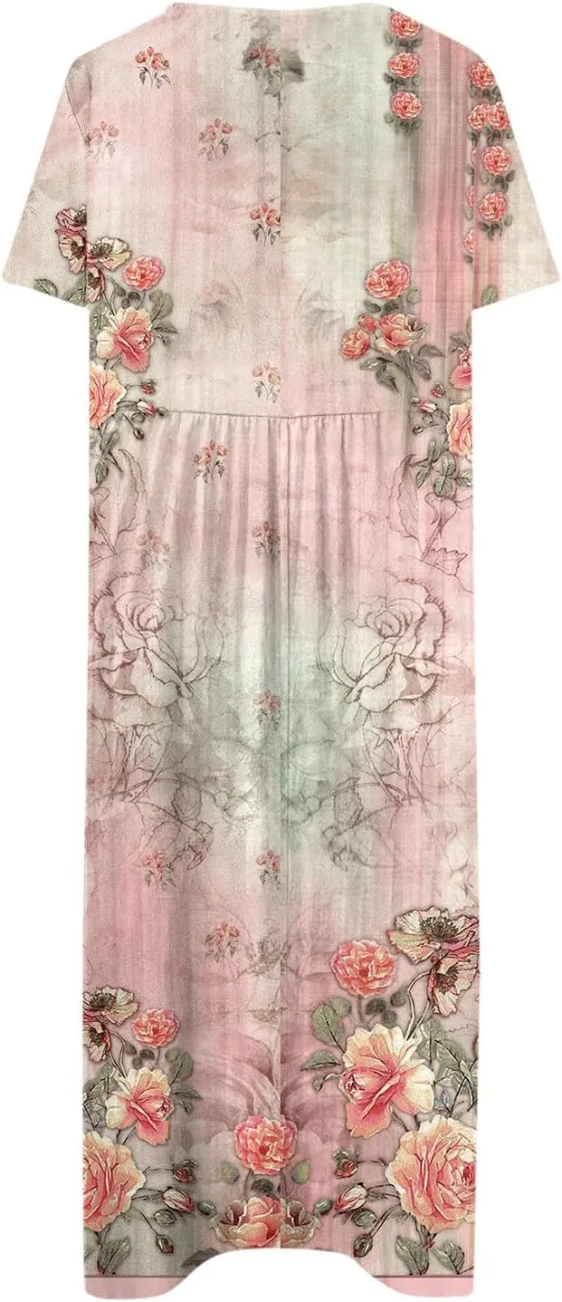 FlekmanArt Women's 2025 Summer Maxi Dress, Pocket Printed, Pleated Round Neck, Short Sleeve, Casual, Long Dress