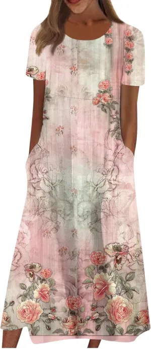 FlekmanArt Women's 2025 Summer Maxi Dress, Pocket Printed, Pleated Round Neck, Short Sleeve, Casual, Long Dress