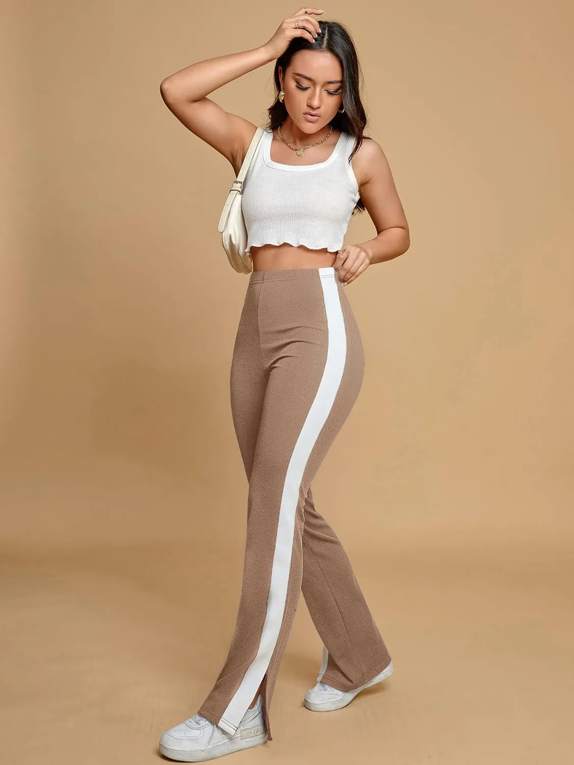 Floerns Women's Side Striped Elastic Waist Pants Straight Leg Workout Trousers