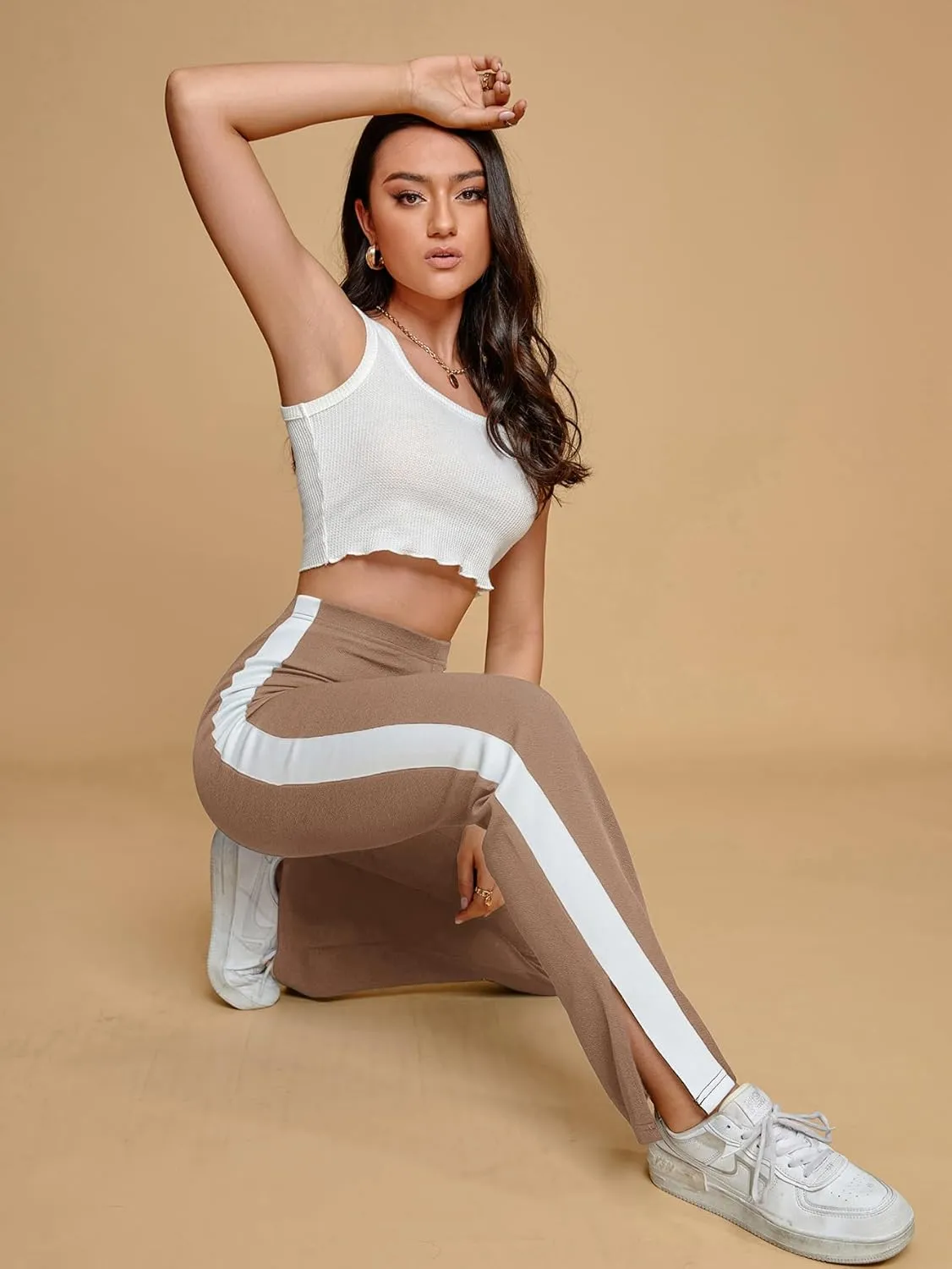 Floerns Women's Side Striped Elastic Waist Pants Straight Leg Workout Trousers