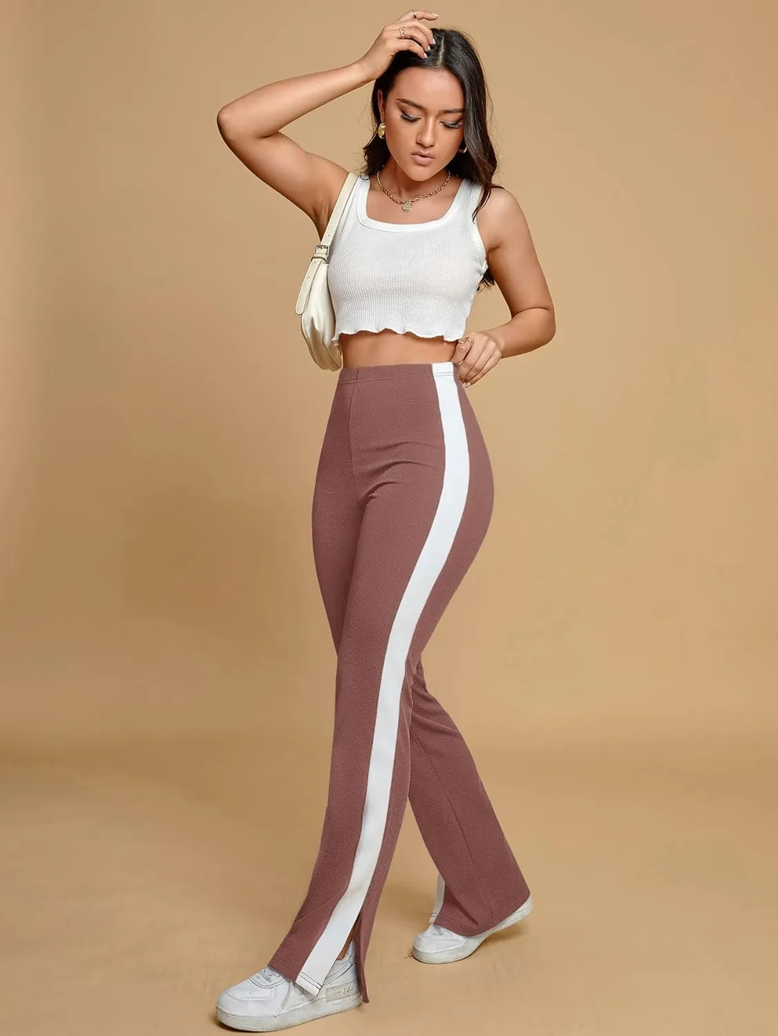 Floerns Women's Side Striped Elastic Waist Pants Straight Leg Workout Trousers