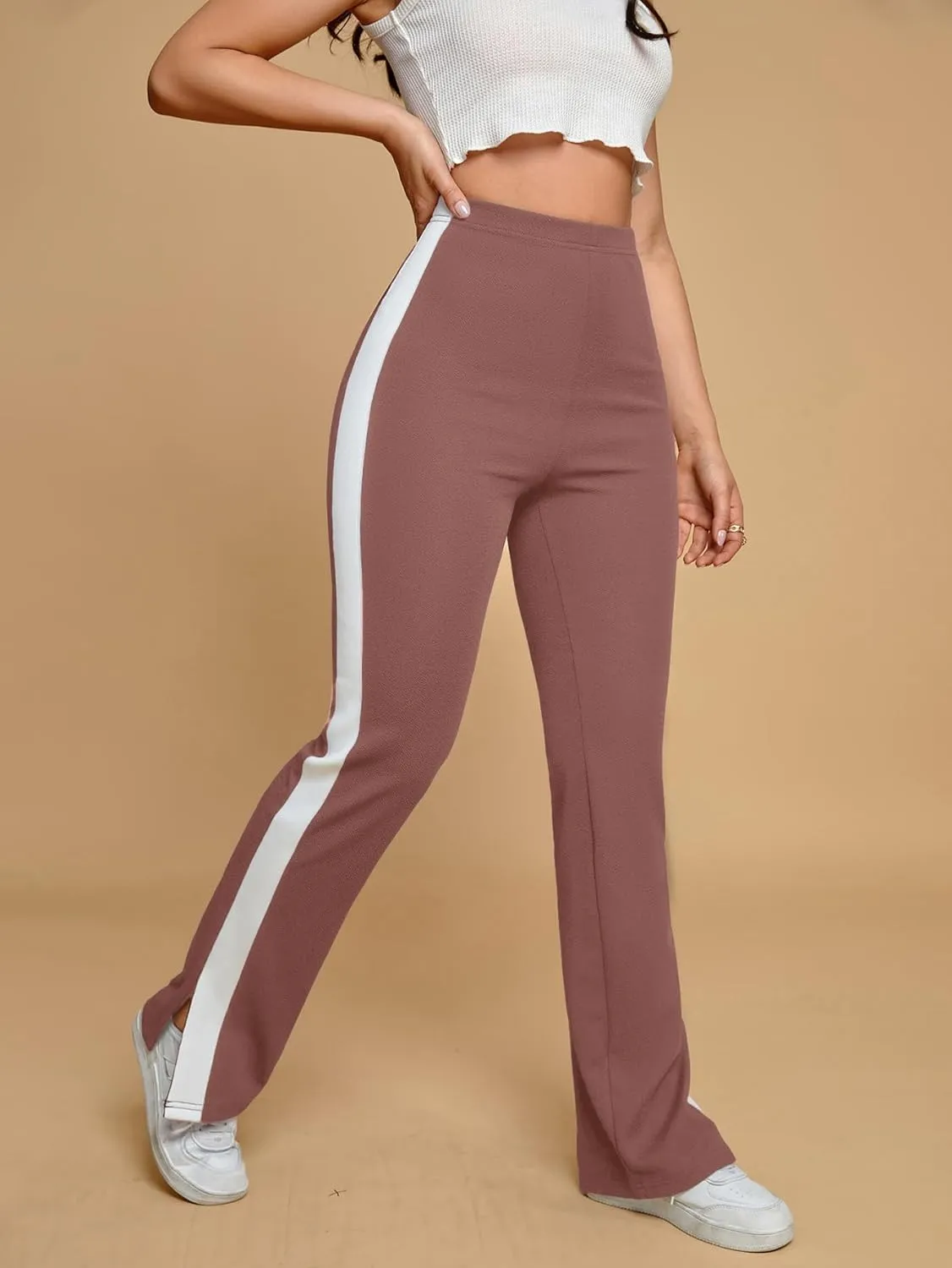 Floerns Women's Side Striped Elastic Waist Pants Straight Leg Workout Trousers