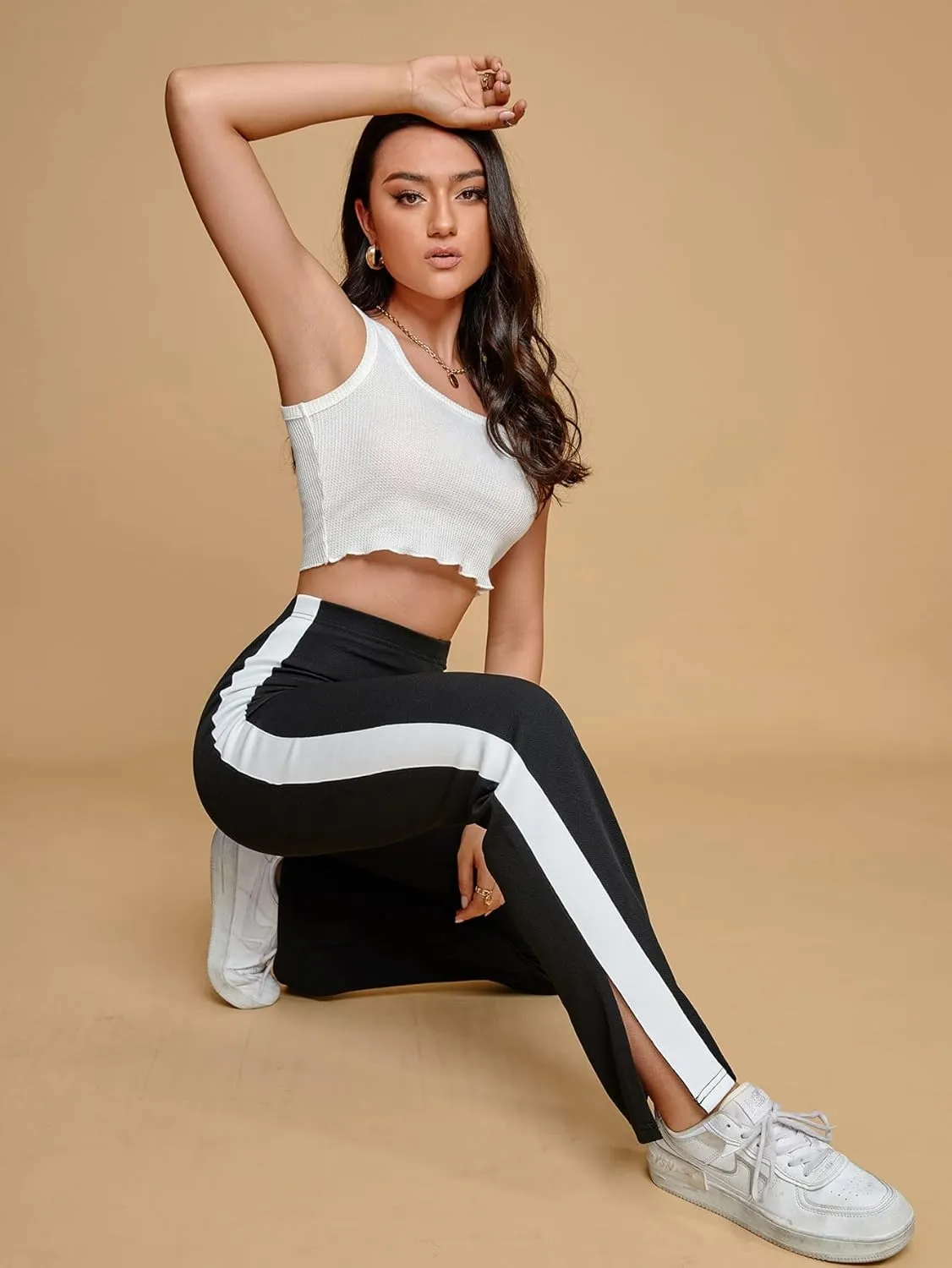Floerns Women's Side Striped Elastic Waist Pants Straight Leg Workout Trousers