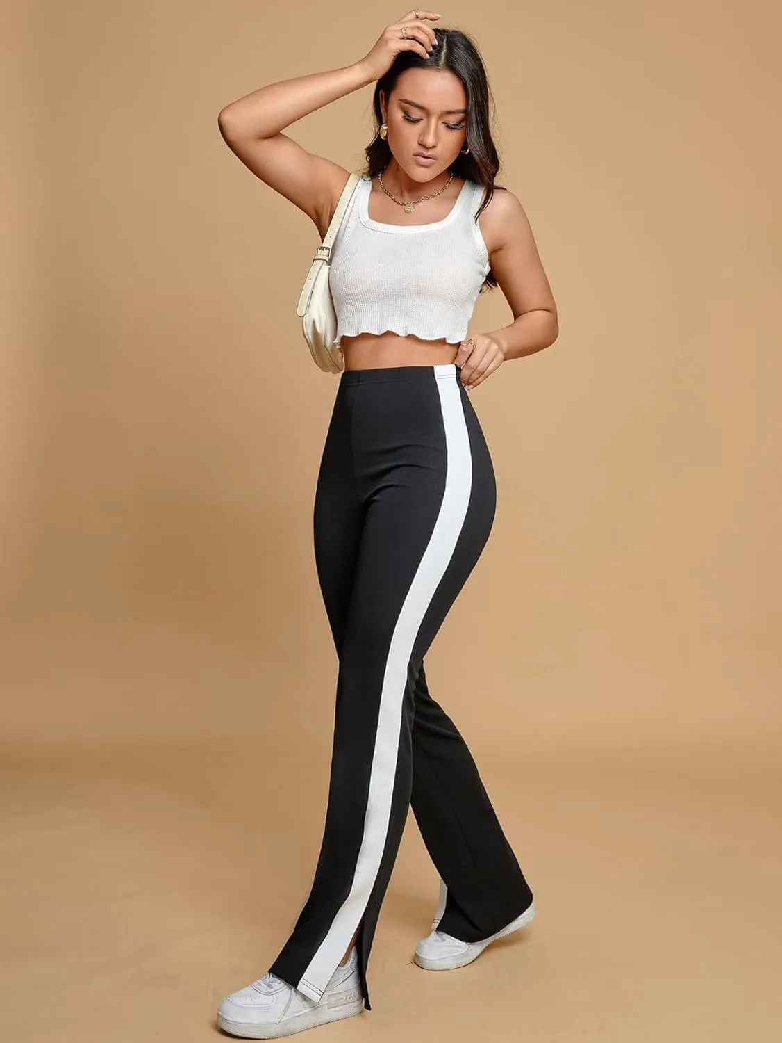 Floerns Women's Side Striped Elastic Waist Pants Straight Leg Workout Trousers