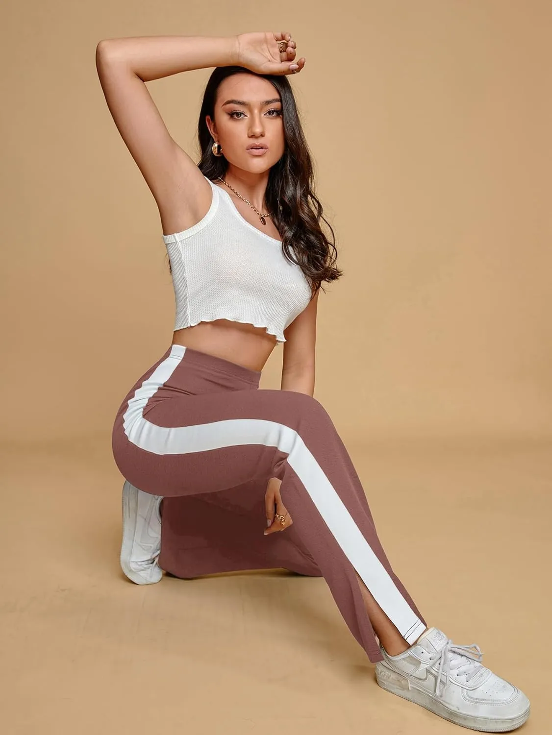 Floerns Women's Side Striped Elastic Waist Pants Straight Leg Workout Trousers