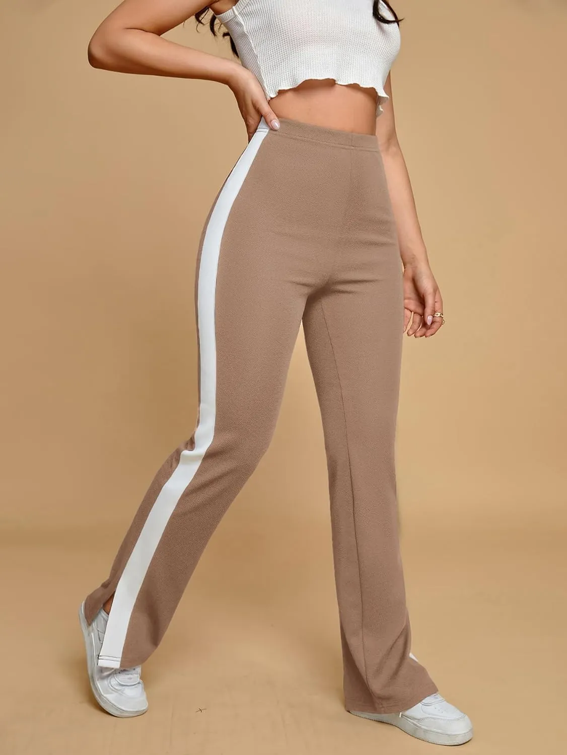 Floerns Women's Side Striped Elastic Waist Pants Straight Leg Workout Trousers