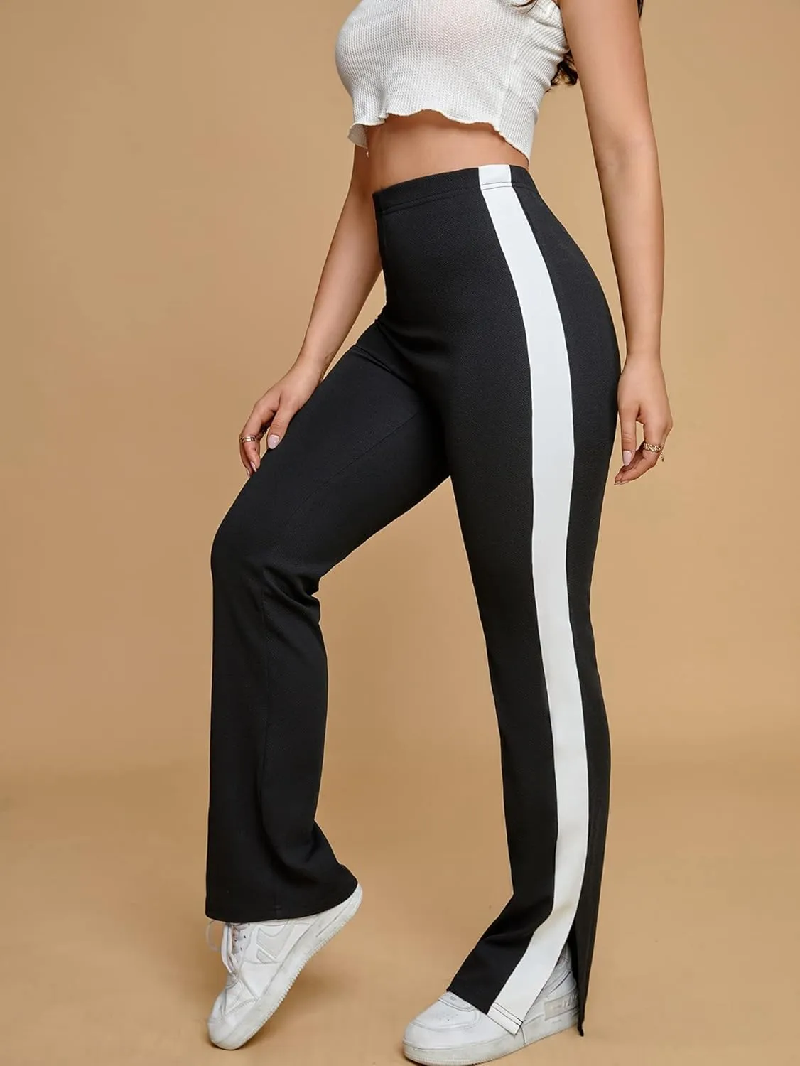 Floerns Women's Side Striped Elastic Waist Pants Straight Leg Workout Trousers