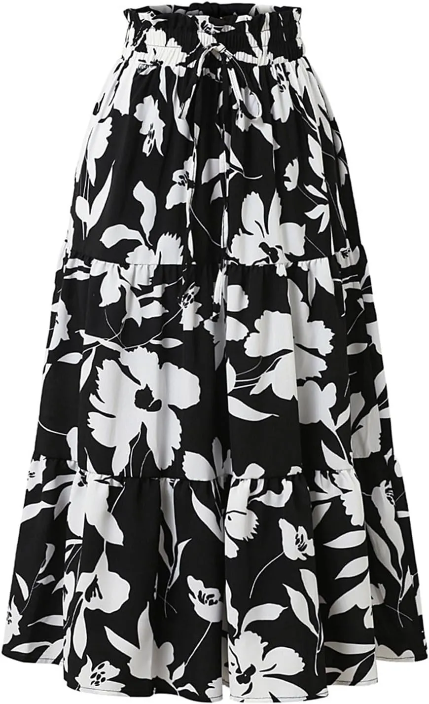 Floral Maxi Skirt for Women Summer Elastic High Waisted Skirts Vacation A-Line Tiered Flowy Swing Long Skirts