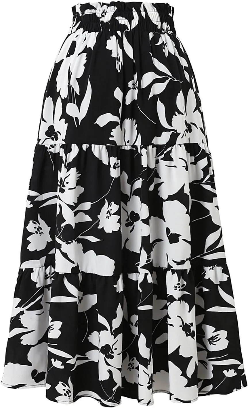 Floral Maxi Skirt for Women Summer Elastic High Waisted Skirts Vacation A-Line Tiered Flowy Swing Long Skirts