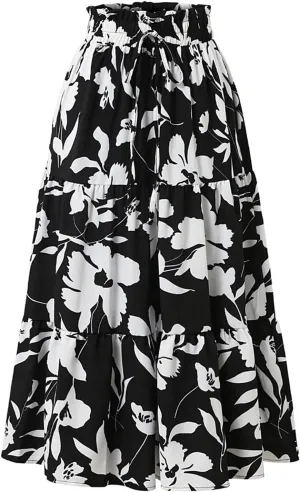 Floral Maxi Skirt for Women Summer Elastic High Waisted Skirts Vacation A-Line Tiered Flowy Swing Long Skirts