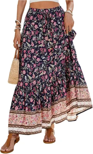 Floral Skirt, Beach Vacation Flowy Maxi Skirts for Women 2025 Trendy Side Pockets Long Boho Skirt Spring Summer