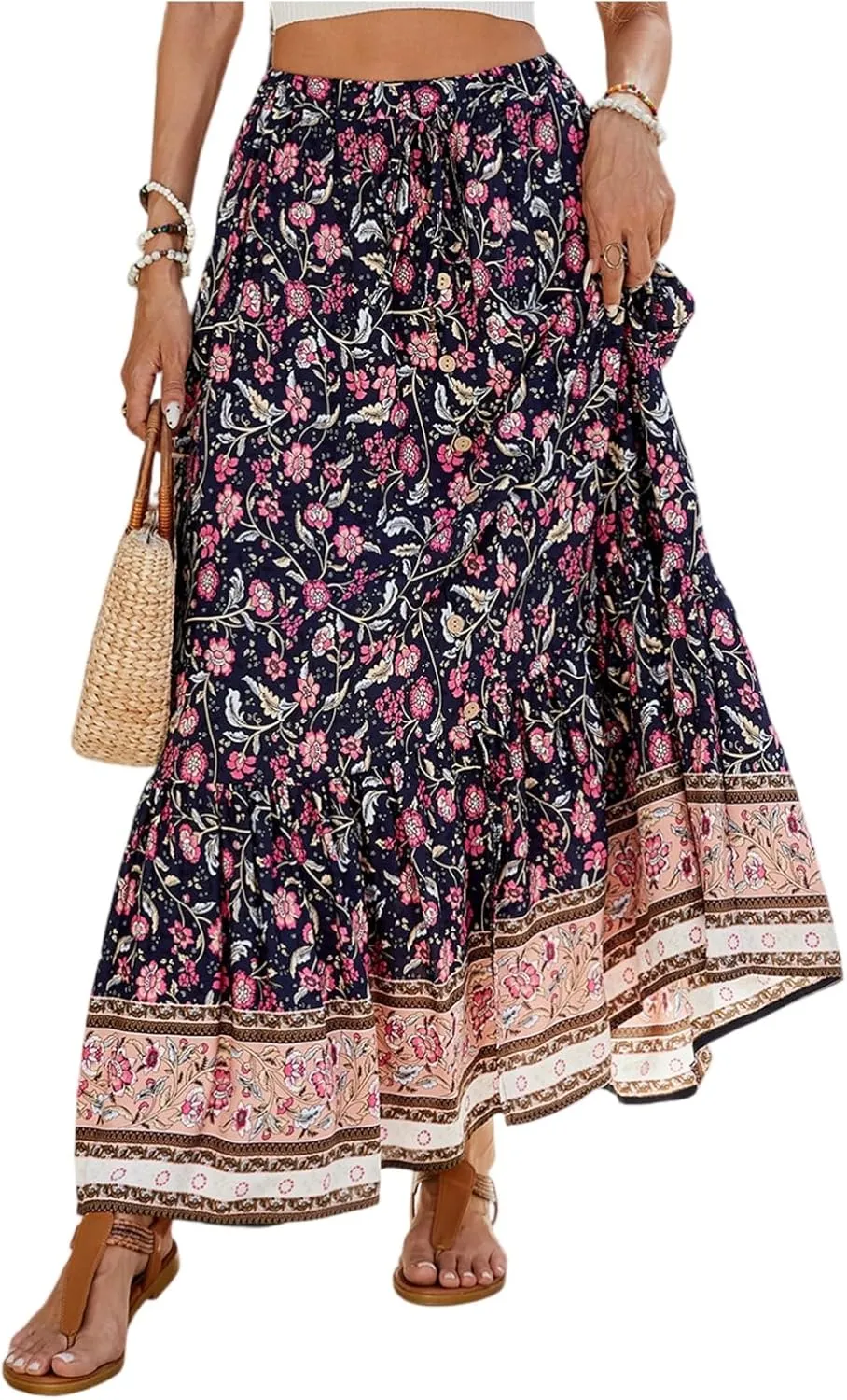 Floral Skirt, Beach Vacation Flowy Maxi Skirts for Women 2025 Trendy Side Pockets Long Boho Skirt Spring Summer