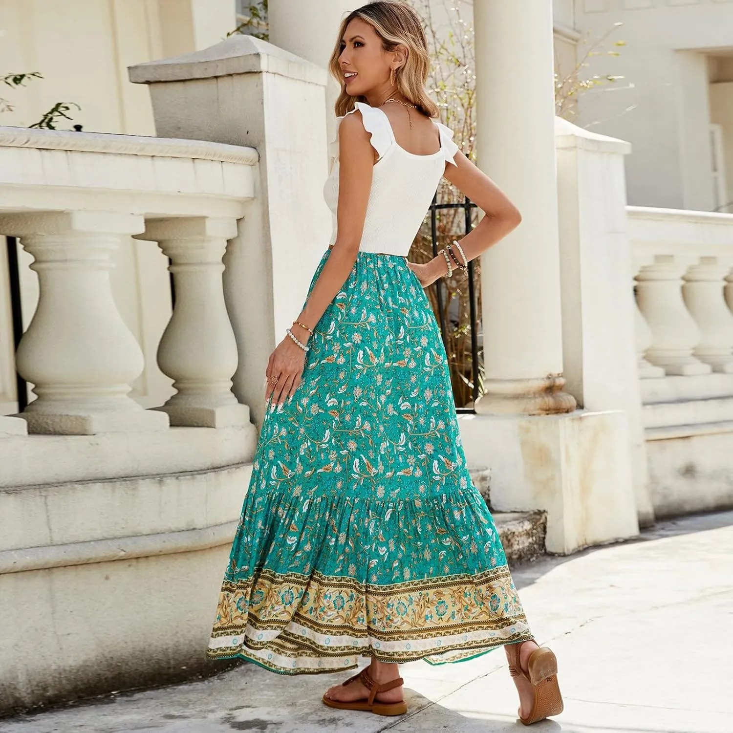 Floral Skirt, Beach Vacation Flowy Maxi Skirts for Women 2025 Trendy Side Pockets Long Boho Skirt Spring Summer