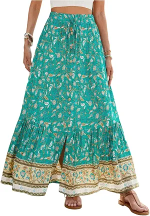 Floral Skirt, Beach Vacation Flowy Maxi Skirts for Women 2025 Trendy Side Pockets Long Boho Skirt Spring Summer