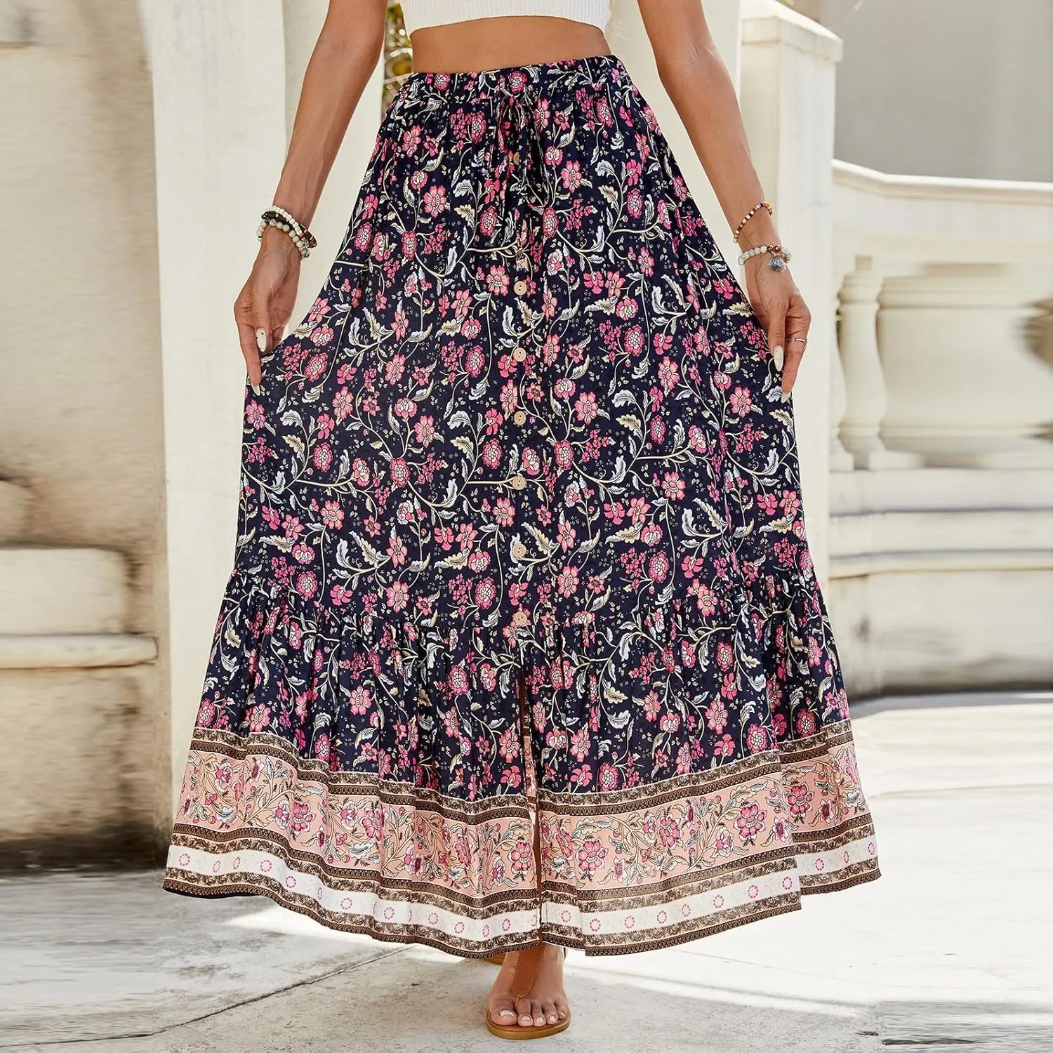 Floral Skirt, Beach Vacation Flowy Maxi Skirts for Women 2025 Trendy Side Pockets Long Boho Skirt Spring Summer