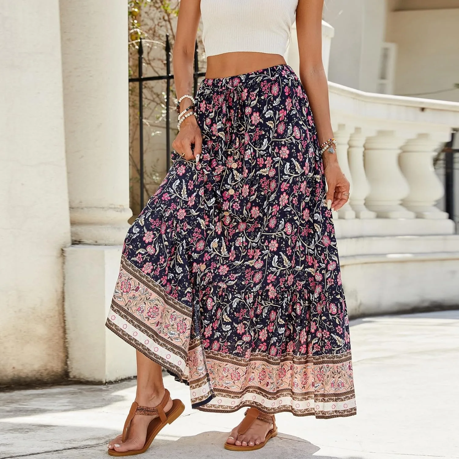 Floral Skirt, Beach Vacation Flowy Maxi Skirts for Women 2025 Trendy Side Pockets Long Boho Skirt Spring Summer