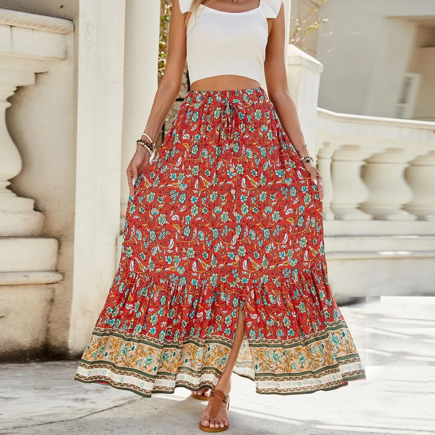 Floral Skirt,Easter Wrap Drawstring Tiered Flowy Maxi Skirts for Women 2025 Trendy Long Boho Skirt Spring Summer