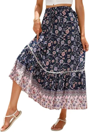 Floral Skirt,Easter Wrap Drawstring Tiered Flowy Maxi Skirts for Women 2025 Trendy Long Boho Skirt Spring Summer