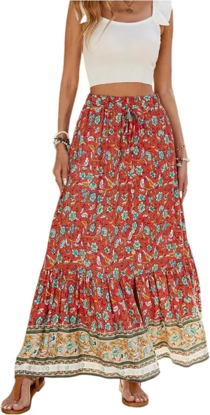 Floral Skirt,Easter Wrap Drawstring Tiered Flowy Maxi Skirts for Women 2025 Trendy Long Boho Skirt Spring Summer