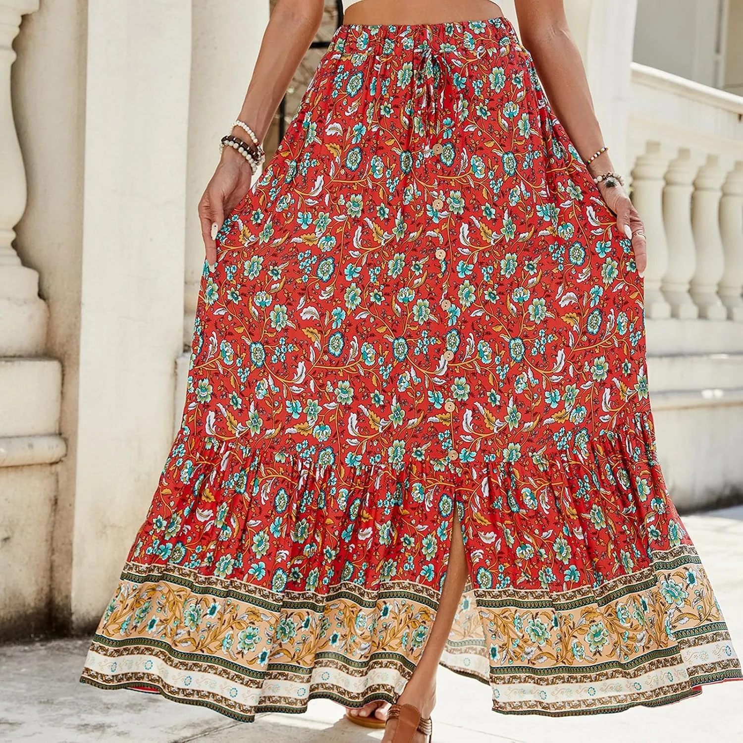 Floral Skirt,Easter Wrap Drawstring Tiered Flowy Maxi Skirts for Women 2025 Trendy Long Boho Skirt Spring Summer
