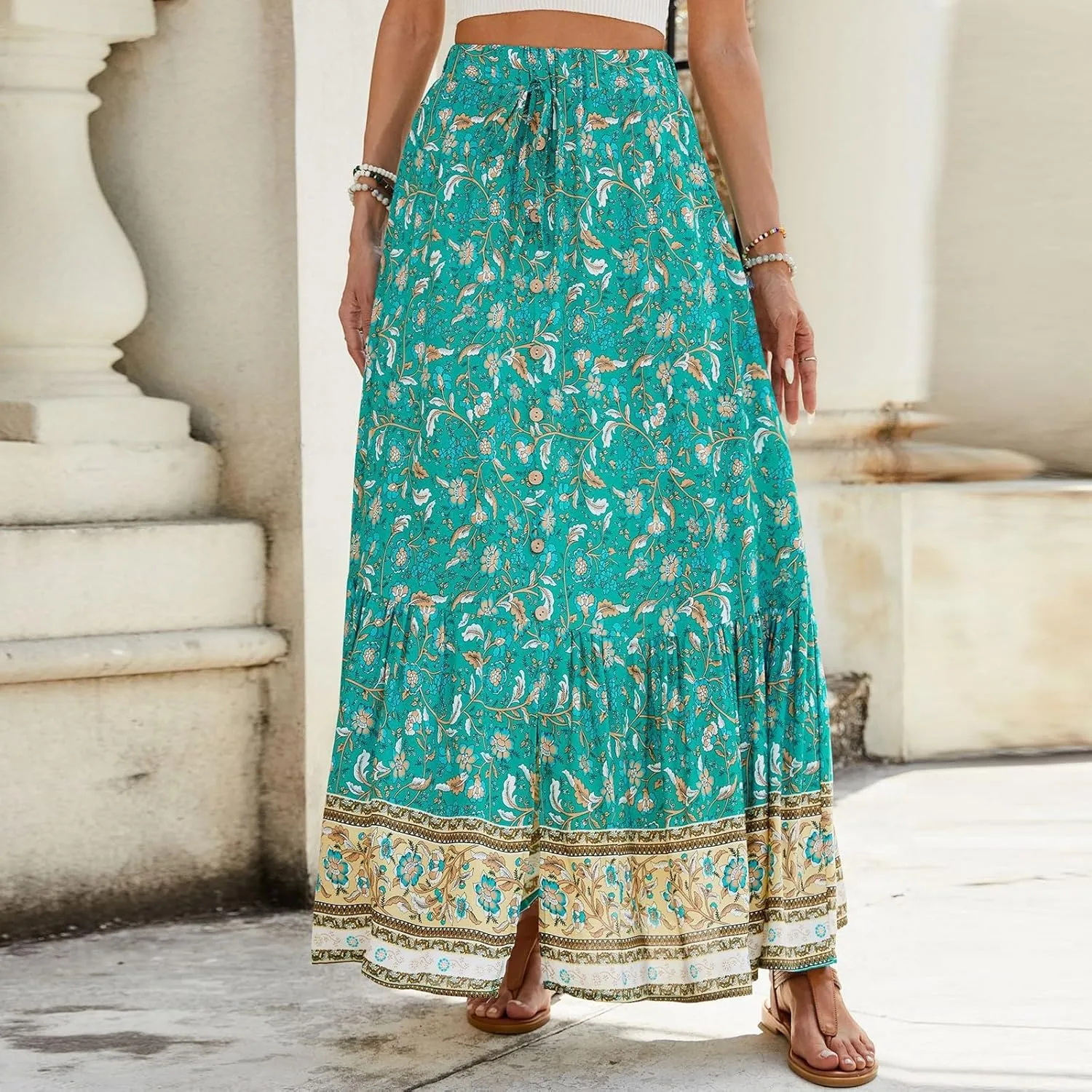 Flowy Skirts for Women,Pleated Maxi Skirts 2025 Trendy Beach Vacation Elastic Waist Long Boho Skirt Spring Summer