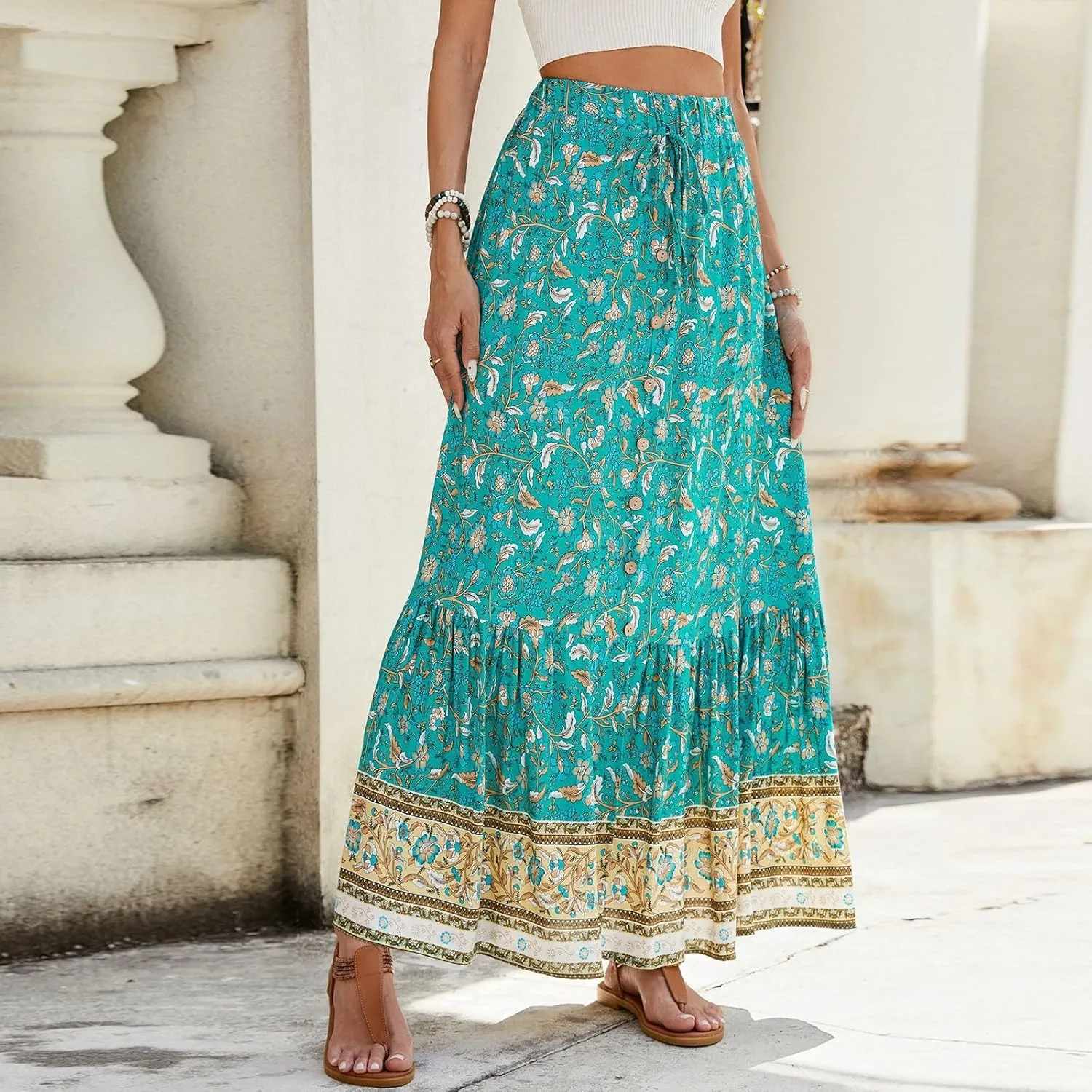 Flowy Skirts for Women,Pleated Maxi Skirts 2025 Trendy Beach Vacation Elastic Waist Long Boho Skirt Spring Summer