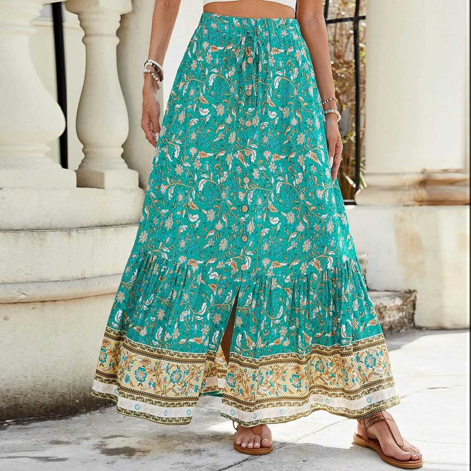 Flowy Skirts for Women,Pleated Maxi Skirts 2025 Trendy Beach Vacation Elastic Waist Long Boho Skirt Spring Summer