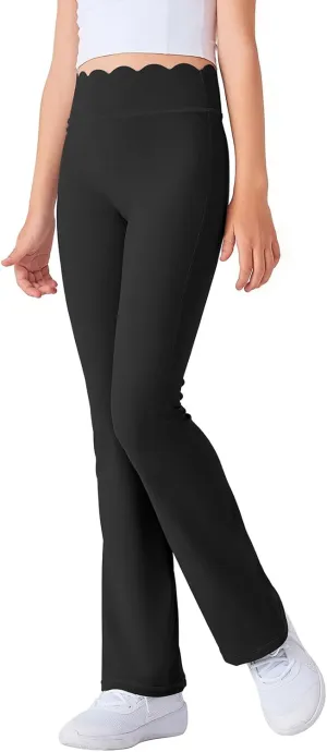 Girls Flared Pants Scallop Waist Yoga Pants Workout Running Leggings