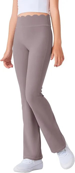 Girls Flared Pants Scallop Waist Yoga Pants Workout Running Leggings
