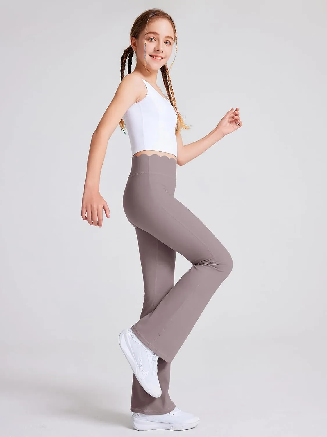 Girls Flared Pants Scallop Waist Yoga Pants Workout Running Leggings