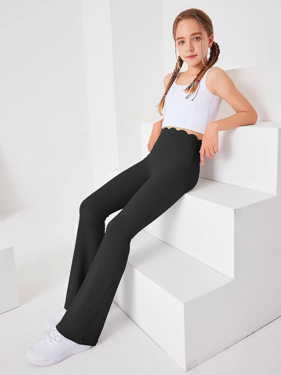 Girls Flared Pants Scallop Waist Yoga Pants Workout Running Leggings